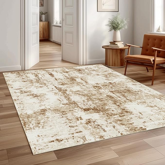 FMFUNCTEX 3x5 Washable Area Rug Brown Beige Abstract Modern Neutral Non Slip Soft Low Pile Thin Accent Entryway Entrance Indoor Carpet for Living Room Bedroom Dining Office Nursery Bedside