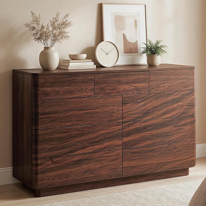 ACCOHOHO 9 Drawer Dresser for Bedroom, 52" Wide Modern Wood Dresser with Hidden Handle Drawers, Large Storage Chest of Drawers, TV Stand for Living Room & Hallway, Curved Profile Design, Dark Walnut