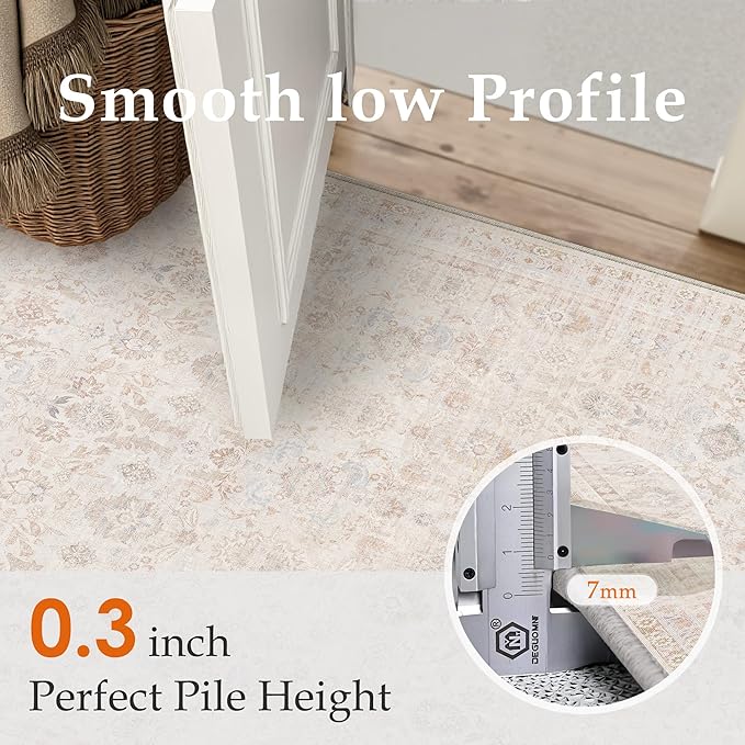 2x6 Washable Neutral Hallway Runner Rug Kitchen Beige Modern Low Pile Non Slip Area Rug Soft Floral Stain Resistant Carpet Distressed Door Mat Entryway Bedroom Living Room Indoor Stair