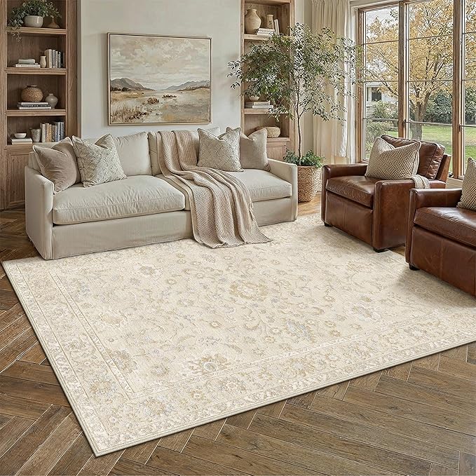 5x7 Beige Washable Area Rug for Living Room Bedroom Neutral Soft Floral Non Slip Large Throw Rug Lightweight Vintage Low Pile Distressed Carpet Office Playroom Dinning Laundry Room