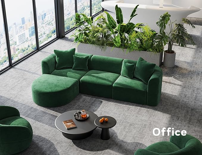 116" Modular Sectional Couches with Ottoman, Luxury Modern Curved Back Sofa, Minimalist Style Oversized 4 Seat Deep Comfy Convertible L Shape Boneless Couch for Living Room Studio Apartment, Green