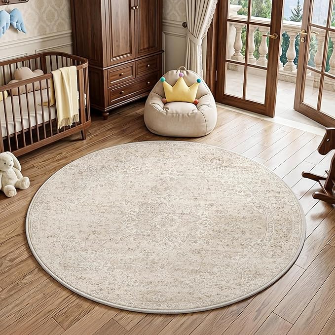FMFUNCTEX 6ft Round Washable Area Rug Beige Vintage Neutral Oriental Distressed Non Slip Carpet for Living Room Bedroom Soft Low Pile Indoor Mat Retro Cream Rug for Dining Room Office Nursery Entry