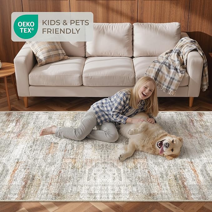 Rug Runners for Hallways Non Slip - 2x8 Runner Rug for Bedroom, Washable Runner with Rubber Backing, Soft Low-Pile Carpet for Kitchen, Laundry, Bathroom (2'x8', Grey/Rust)