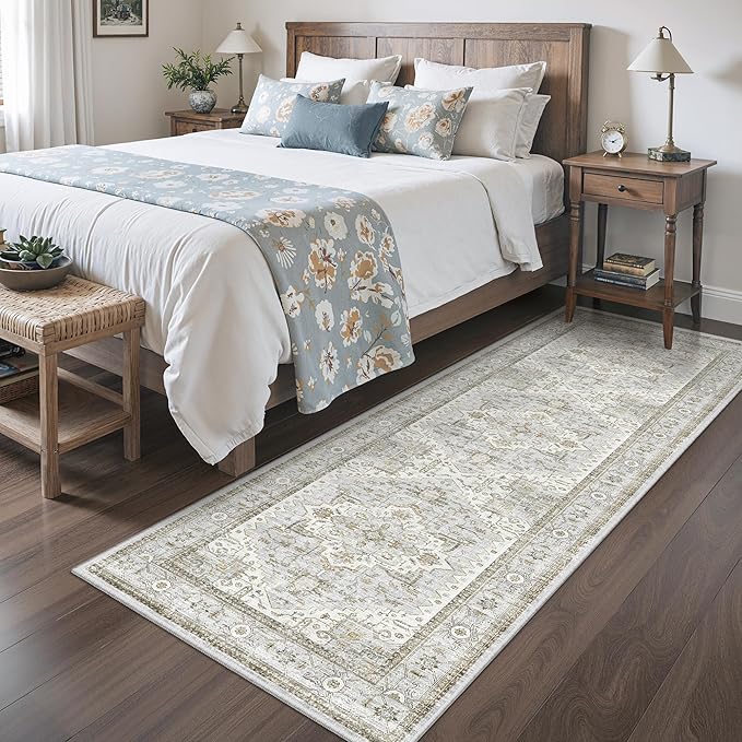 Runner Rug 2'x8' Washable Vintage Area Rugs for Hallway Non Slip Laundry Rug Runner Boho Floor Carpet Runners for Entryway Laundry Room Kitchen Bathroom (2'x8',Blue＆Beige)
