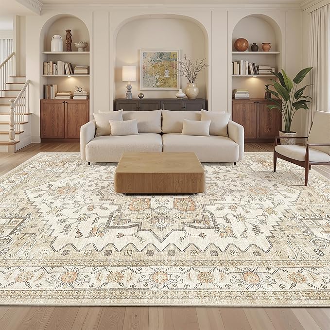befbee 8x10 Area Rugs for Living Room, Stain Resistant Neutral Washable Rugs for Dining Room, Vintage Non-Slip Thin Large Size Area Rug, Printed Vintage Home Decor Rug(Gold