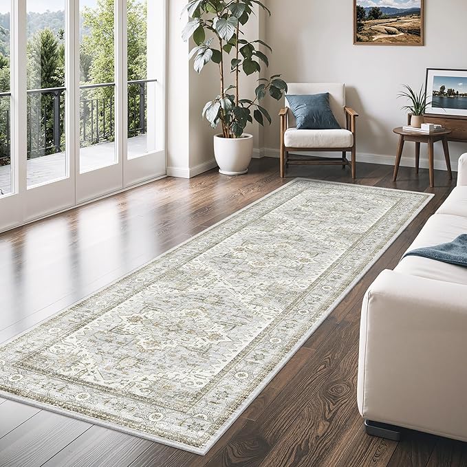 Runner Rug 2'x6' Washable Vintage Area Rugs for Hallway Non Slip Laundry Rug Runner Boho Floor Carpet Runners for Entryway Laundry Room Kitchen Bathroom (2'x6',Blue＆Beige)