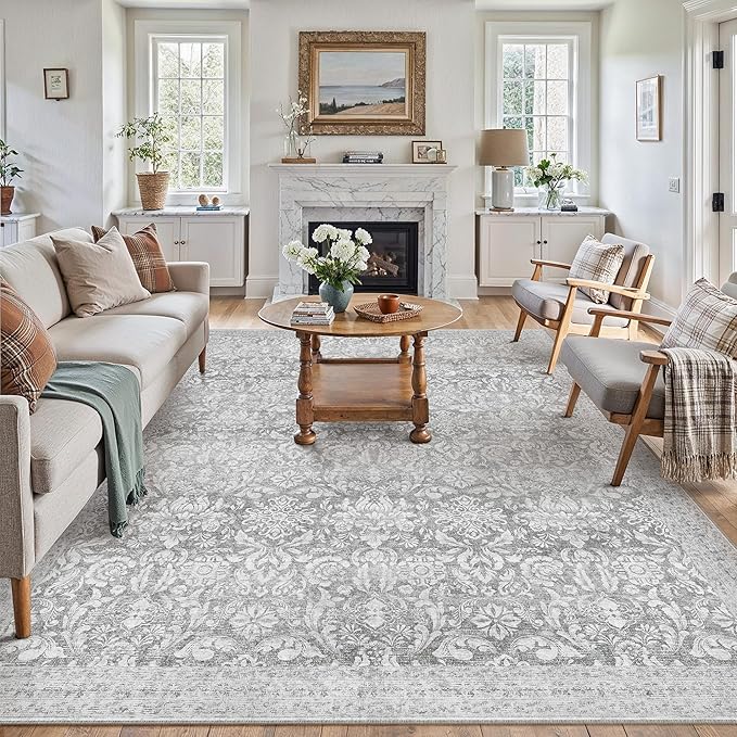 PureCozy Gray 8x10 Area Rugs Washable Vintage Living Room Bedroom Carpet Indoor Non Slip Soft Low Pile Thin Rug Retro Accent Home Office Dining Room
