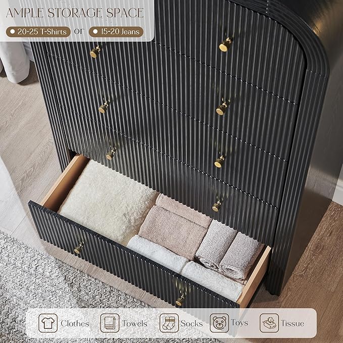 T4TREAM Fluted 5 Drawers Dresser, 48" Tall Modern Chest of Drawers with Thickened Curved Profile Design, Wood Closet Clothes Storage Organizer for Bedroom, Living Room, Hallway, Black Oak