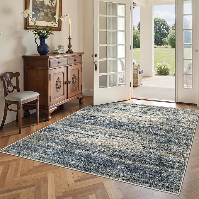 Art&Tuft Washable Rug 3x5, Anti-Slip Backing Abstract 3x5 Rug, Stain Resistant Rugs for Living Room, Foldable Machine Washable Area Rug (3'x5', Navy)