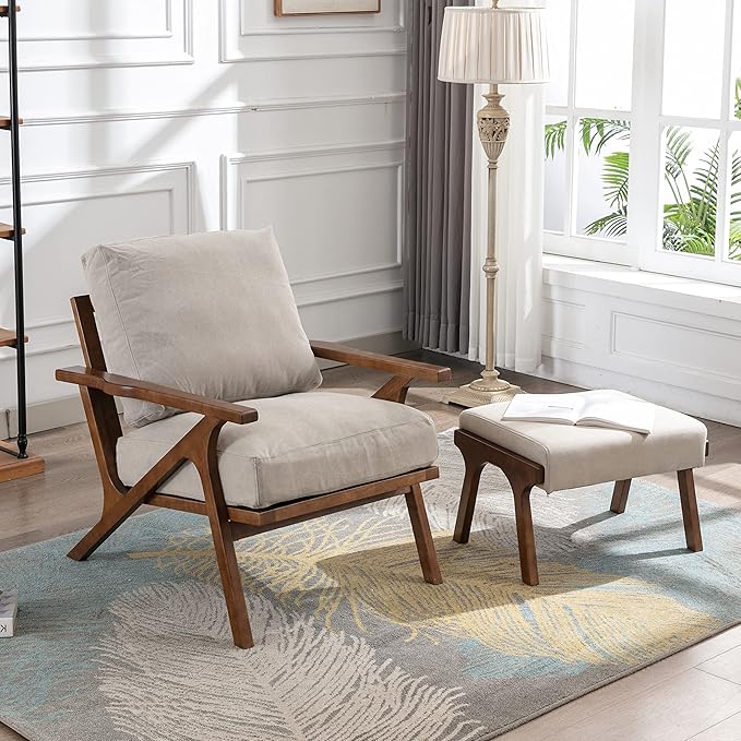 chairus Mid-Century Modern Accent Chair with Ottoman, Comfy Upholstered Lounge Armchair with Removable Cushions & Solid Wood Frame, Reading Chair for Living Room Bedroom Office, Beige Denim Fabric