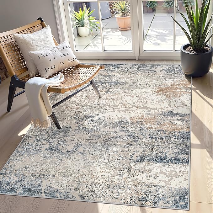 Art&Tuft Washable Rugs 4x6, Anti-Slip Backing Abstract 4x6 Area Rug, Stain Resistant Rugs for Living Room, Foldable Machine Washable Area Rug (4'x6', Blue)