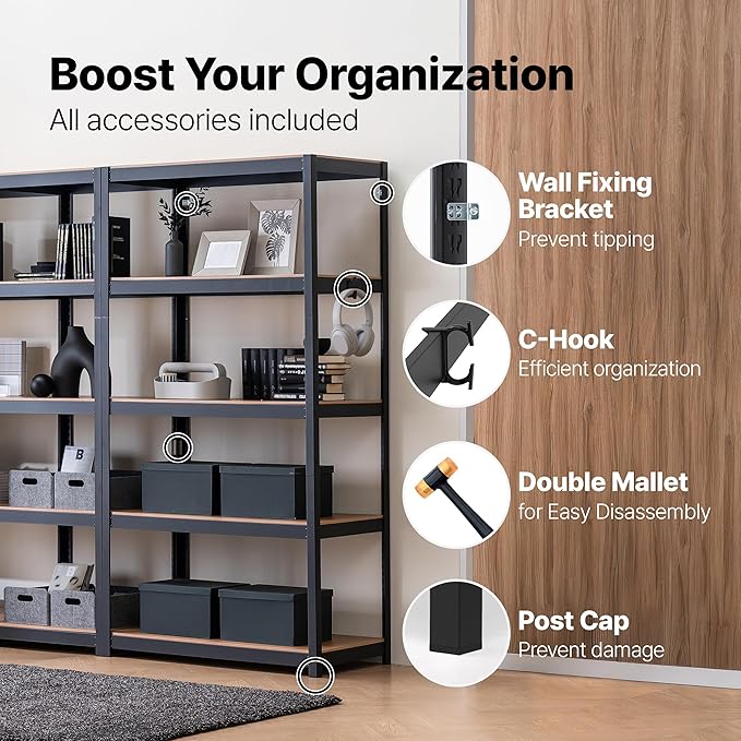 HOMEDANT House 36.2" W 5 Tier Heavy Duty Garage Shelving Adjustable Metal Rack Storage Shelves Standing Shelf Unit Organizers Pantry Closet Office Black 1Pack