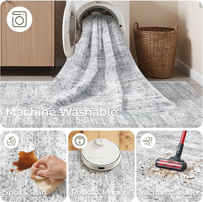 2x7 Runner Rug Non Slip, Thin Entryway Washable Rug for Entryway, Runners for Hallways, Low Pile Vintage Abstract Soft Rugs for Living Room, Kitchen, Bedroom(2'x7', Grey/Ivory)