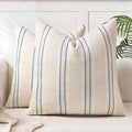 AELS 18x18 Decorative Farmhouse Linen Blend Throw Pillow Covers, Boho Textured Pillow Case, Set of 2,Beige with White & Navy Blue Stitch Yarn Dyed Stripe Cushion Cover for Sofa Living Room(Cover ONLY)