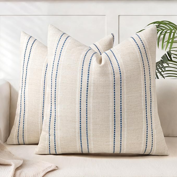 AELS 18x18 Decorative Farmhouse Linen Blend Throw Pillow Covers, Boho Textured Pillow Case, Set of 2,Beige with White & Navy Blue Stitch Yarn Dyed Stripe Cushion Cover for Sofa Living Room(Cover ONLY)