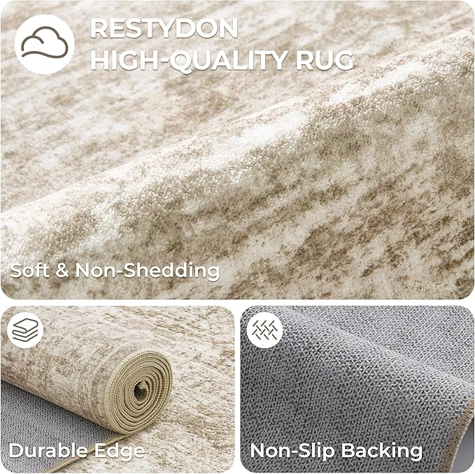 Area Rugs 4x6 for Living Room, Non-Slip Backing Small Kids Rugs for Bedroom, Vintage Abstract Rug Home Decor, Low Pile Soft Washable Rug for Kitchen, Dining Room(4'x6', Brown/Ivory)
