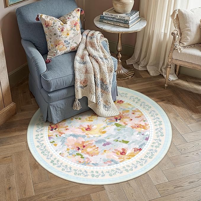 4x4 Washable Area Rug for Entryway Blue Floral Abstract Soft Throw Rug Modern Non Slip Low Pile Carpet for Kitchen Bathroom Living Room Bedroom