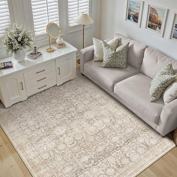 3x4 Beige Washable Neutral Area Rug for Living Room Floral Non Slip Low Pile Throw Rug Indoor Vintage Traditional Stain Resistant Distressed Carpet Bedroom Doormat Dining Room Entrance Bathroom