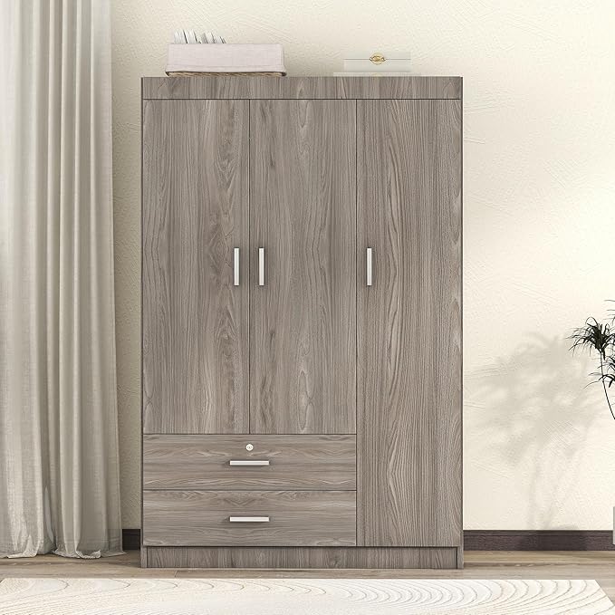 Merax 3 Doors Wardrobe Clothes Organizer with 2 Drawers, 41.3" Small Closet Organizer with Hanging Rail, Wood Storage Closet with 3 Shelves, Gray