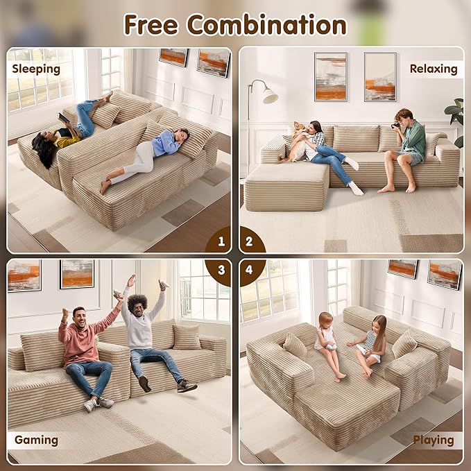ovios 104" Cloud Boneless Couch with L-Shape Chaise,Modern Sectional Modular Sofa with Deep Seat, Upholstered Couches for Living Room Bedroom,No Assembly Required, Beige (Plush Corduroy Fabric)