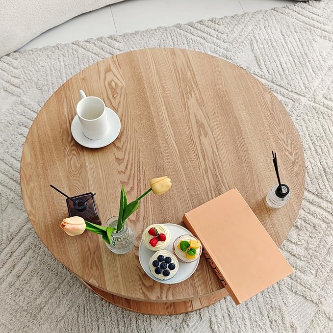 Round Coffee Table with Storage, 31" Modern Living Room Table, 2 Tier Circle Wood Center Tables for Apartment, Living Room, Open-Style Storage Tea Tables, 31"*14.1" (Nature Wood)