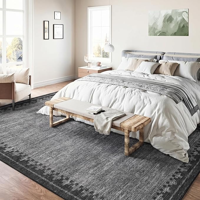 GarveeHome Washable 9x12 Large Area Rug for Living Room Bedroom Modern Non Slip Low Pile Carpet Geometric Cross Brdered Stain Resistant Grey Bedroom Laundry Room Rugs Kids-Friendly& Pets-Friendly