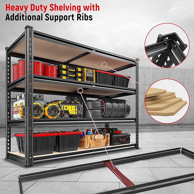 REIBII 40" W Storage Shelves 2000LBS Adjustable Garage Shelving Metal Heavy Duty 4 Tier Garage Shelves 60" H Metal Shelves for Closet Pantry Kitchen Warehouse 40" W × 20''D × 60''H