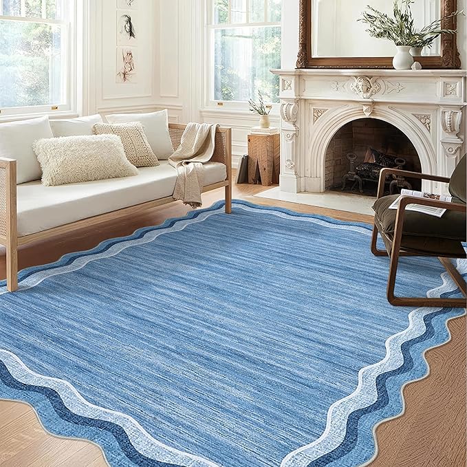 Garvee Scalloped 10x13 Area Rugs for Living Room Large Washable Rugs,Neutral Solid Rug Stain Resistant Non Slip Floor Mat Carpet Indoor Accent Rug for Bedroom Dining Room Playroom Home Decor,Blue