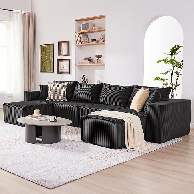 Weture 135.4" Cloud Couch Sectional, Modular Sectional Sofa with Deep Seat, Plush Corduroy U Shaped Boneless Couch, Convertible Sectional Couches for Living Room, 6Seat, Black