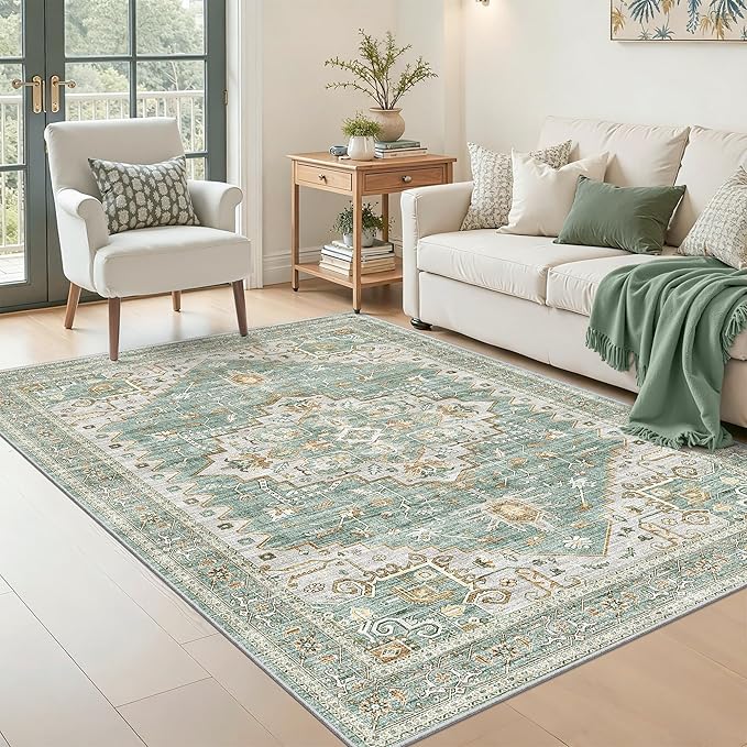 Area Rugs for Living Room - 4x6, Boho Non-Slip Low Pile Carpet Machine Washable Rugs for Bedroom, Farmhouse, Office, Dining Room (Green)