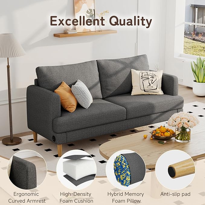 70" Modern Loveseat Sofa with USB Type-C Ports, Linen Fabric 2-Seater Deep Seat Couch, Cozy Small Couch Sofa for Living Room Bedroom Office Apartment (Dark Grey)