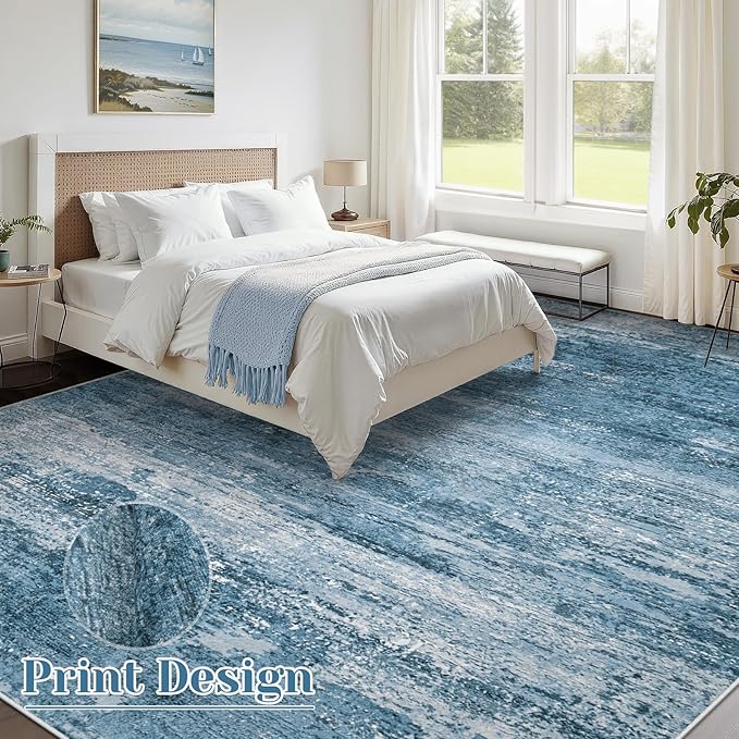 Washable Rug 8x10 Area Rugs for Living Room: Large Neutral Soft Rug Abstract Non Slip Low Pile Modern Carpet for Bedroom Kitchen Nursery Office Dining Room Indoor (Darkblue, 8'x10')