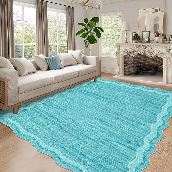 Garvee Scalloped 5x7 Rugs Washable Area Rugs for Living Room,Modern Stain Resistant Solid Rug for Bedroom Kids Room, Scalloped Low Pile Non-Slip Neutral Rug for Dining Room Home Office Dorm,Teal