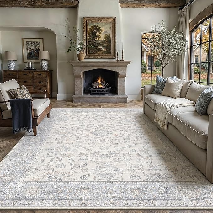8x10 Blue Washable Area Rug for Living Room Bedroom Neutral Soft Floral Non Slip Runner Rug Lightweight Vintage Low Pile Distressed Carpet Doormat Office Playroom Dining Room Home Decor