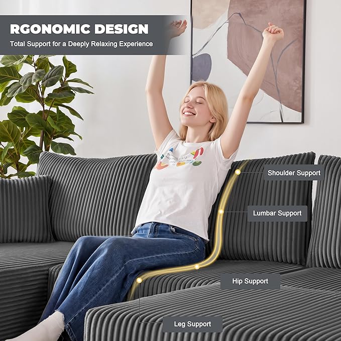 Weture 108” Modular Sectional Couches, Modern Modular U-Shape Sofa with Chaise, Cloud Sectional Couch with Deep Seat, Upholstered Boneless Sofa for Living Room (Corduroy, Gray)