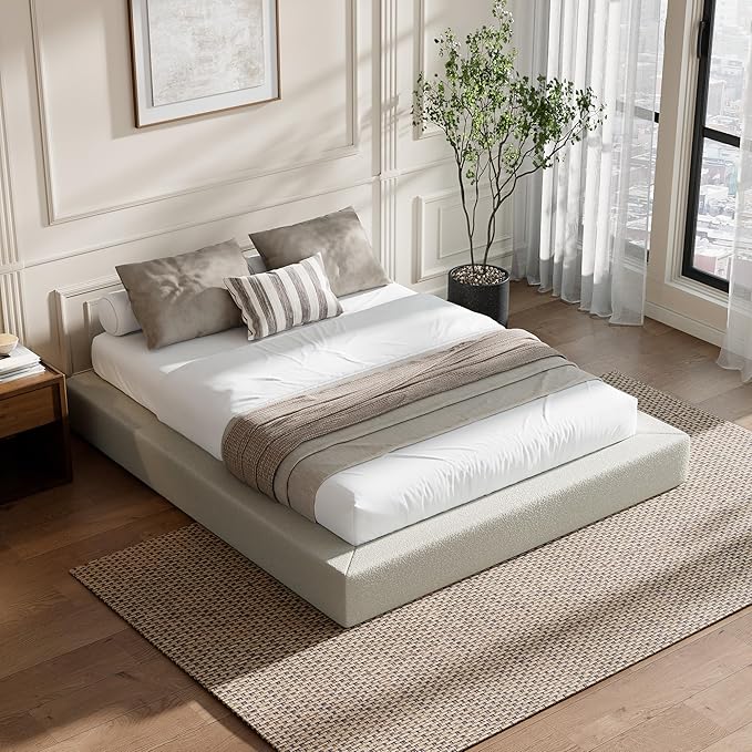 RECCI AirFrame Queen Bed Frame, Cloud Upholstered Platform Bed Frame, 5 Inch Fully Boxy Foam Cushioned, Square Shape Base, No Box Spring Needed, Easy Assembly | Cream Boucle, Soft Low-Profile