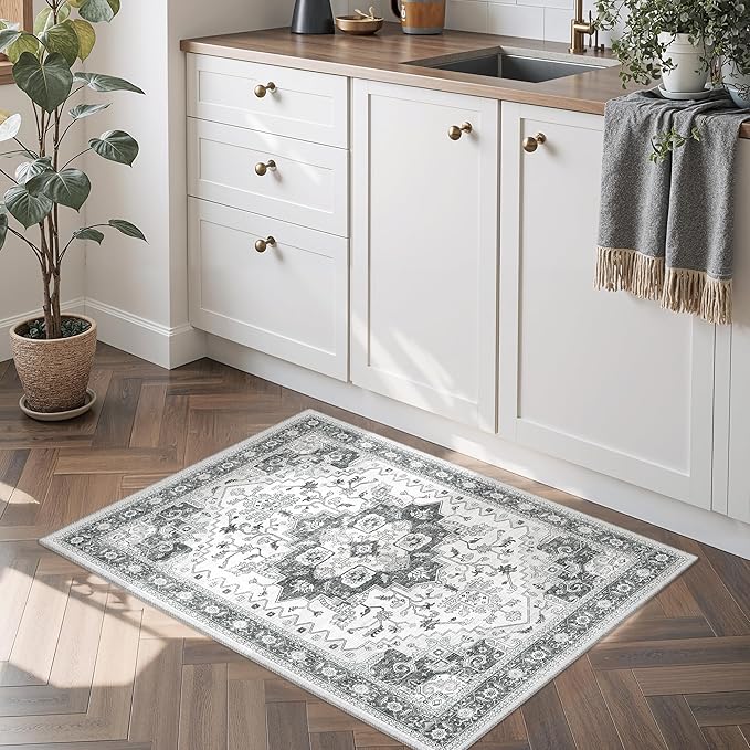 Rugs for Entryway, 2X3 Washable Kitchen Rugs Non Slip Indoor Door Mat Stain Resistant Small Low-Pile Throw Carpet for Bathroom Bedroom(2x3,Grey)