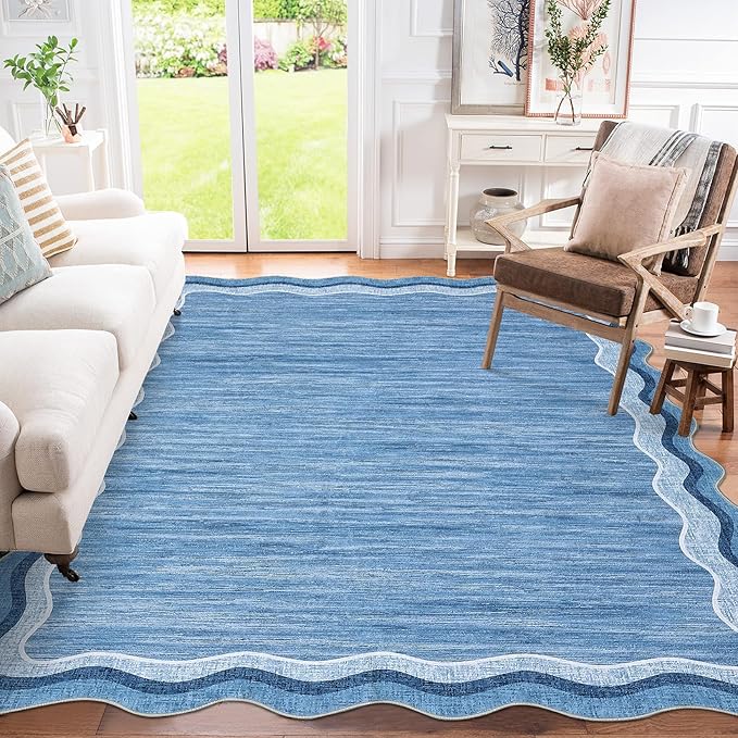 Garvee Scalloped 9x12 Area Rugs for Living Room Large Washable Rugs,Neutral Solid Rug Stain Resistant Non Slip Floor Mat Carpet Indoor Accent Rug for Bedroom Dining Room Playroom Home Decor,Blue