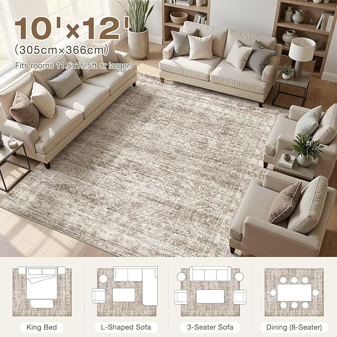 cotiled Large Area Rugs for Living Room 10x12, Machine Washable Rugs with Non Slip Backing Modern Neutral Abstract Rugs Stain Resistant Distressed Carpets for Home Decor (10x12 Dark Brown)