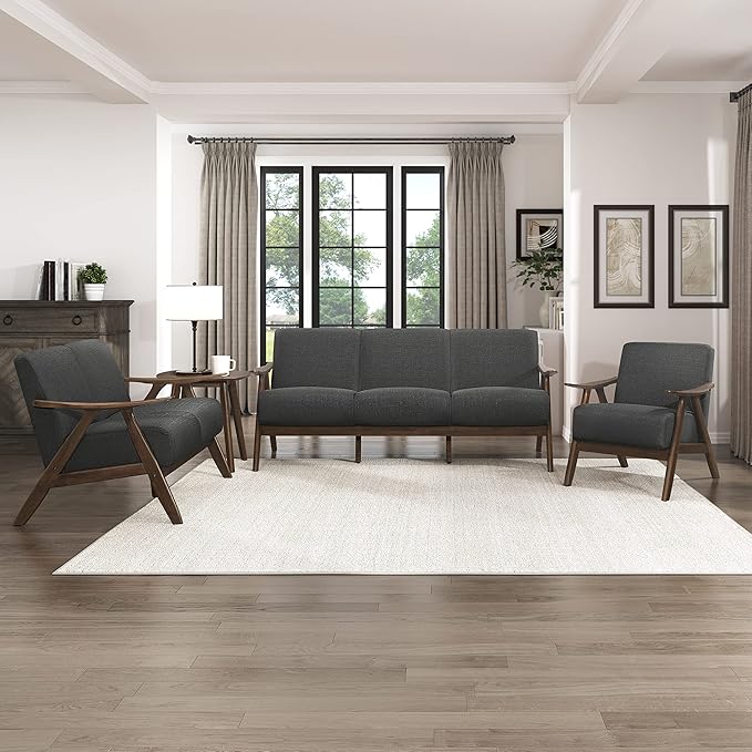 Lexicon Mid Century Modern Accent Chair with Solid Wood Frame in Walnut Finish, Upholstered Living Room Lounge Arm Chair, Thick and Comfy Innerspring Seat Cushion, Linen-Look Fabric, Dark Grey