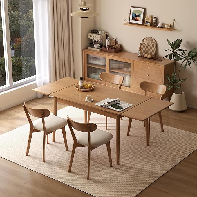 49.21’’-76.77’’ Extendable Dining Table and Chairs Set for 4, 100% Solid Wood Oak Dining Sets, Mid Century Modern Kitchen Table and Chairs Set for Living Room, Apartment (Table+4 Chairs)