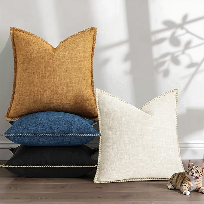 decorUhome Summer Decorative Throw Pillow Covers 16x16 Set of 2 Square Faux Linen Outdoor Neutral Farmhouse Pillow Covers with Stitched Edge for Couch Sofa Living Room, Black