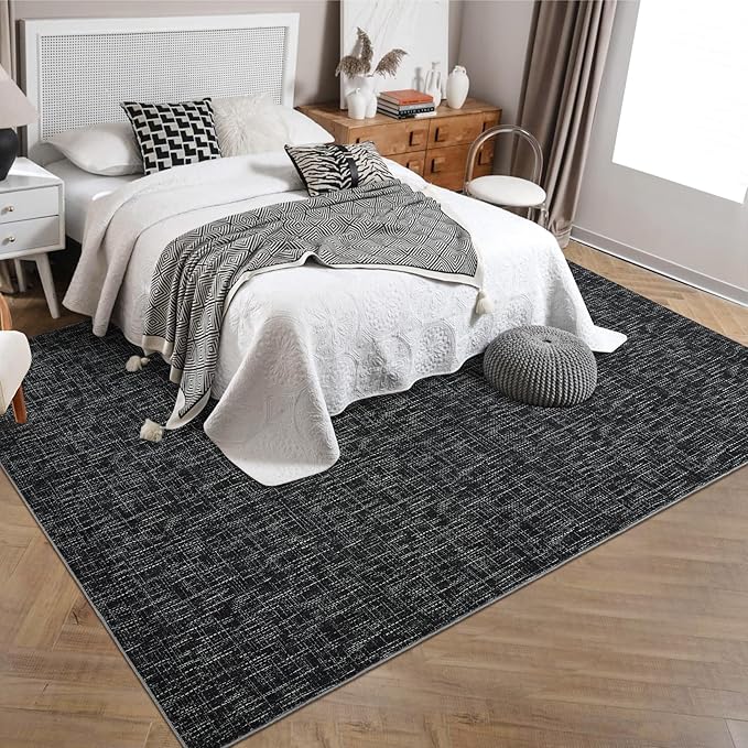 RUGSREAL Bedroom Area Rug 4x6 Modern Abstract Area Rug Stain Resistant Small Living Room Rug Contemporary Dining Room Rug Non-Slip Solid Rug Aesthetic Accent Floor Carpet for Kitchen Office, Black
