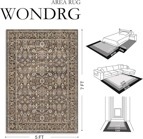 8x10 Brown Washable Vintage Area Rug for Living Room Soft Floral Non Slip Large Rug Modern Low Pile Stain Resistance Indoor Carpet Bedroom Office Playroom Office Classroom