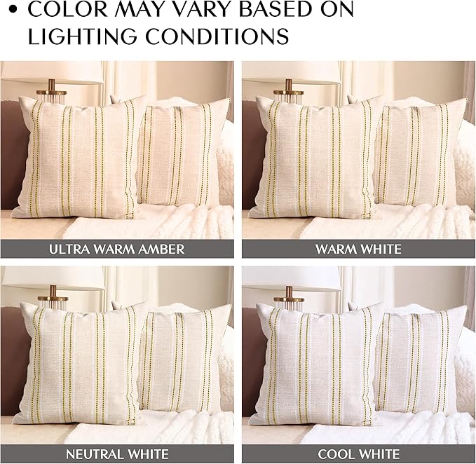 AELS 20x20 Decorative Farmhouse Linen Throw Pillow Covers, Boho Textured Pillow Case, Set of 2, Beige with White & Green Stitch Yarn Dyed Stripe Cushion Cover for Sofa Couch Living Room (Cover ONLY)