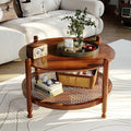 NSdirect 32" Round Coffee Table for Living Room, 2-Tier Rustic Wood Center Table for Home Decor with Boho Woven Rattan Storage Shelf | Modern Farmhouse Design, Easy Assembly, Red Brown