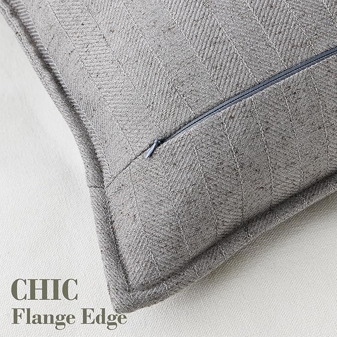 DEZENE 18x18 Linen Pillow Covers Grey Pack of 2 Farmhouse Boho Neutral Accents Striped Textured Square Decorative Throw Pillow Cases for Living Room Couch Bed Home Decor
