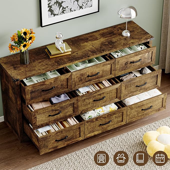 BORNOON 9-Drawer Dresser for Bedroom, Modern Wooden Chest of Drawers with Metal Handles, Anti-Tipping Design, Sturdy and Stable Storage Organizer for Living Room, Entryway, Home Office