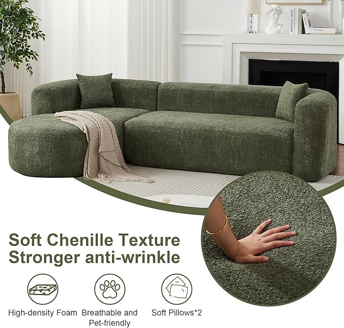 109.4" Sectional Couch with L-Shaped Chaise, Boneless Modular Sectional Sofa, Soft Chenille Sofa with Deep Seat for Living Room, No Assembly(Left-Facing Chaise, Green) | Breaathable Material