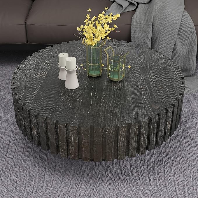 Round Wood Coffee Table for Living Room Modern Rustic Fluted Solid Wood Coffee Table Pedestal Center Table Circle Tea Tables for Apartment Easy Assembly(31.5''Antique Black)